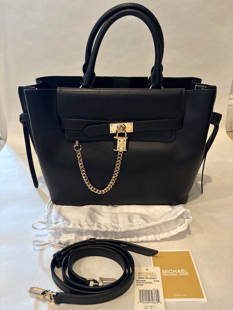 Nwt Michael Kors Black Leather Hamilton Handbag Shouder Strap